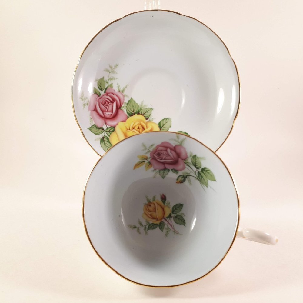Royal Grafton 1950s Pink and Yellow Roses with blue shade Teacup & saucer